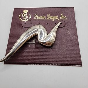 Vintage Premier Designs Swoosh Brooch Pin Abstract Modernist Silver Tone Signed